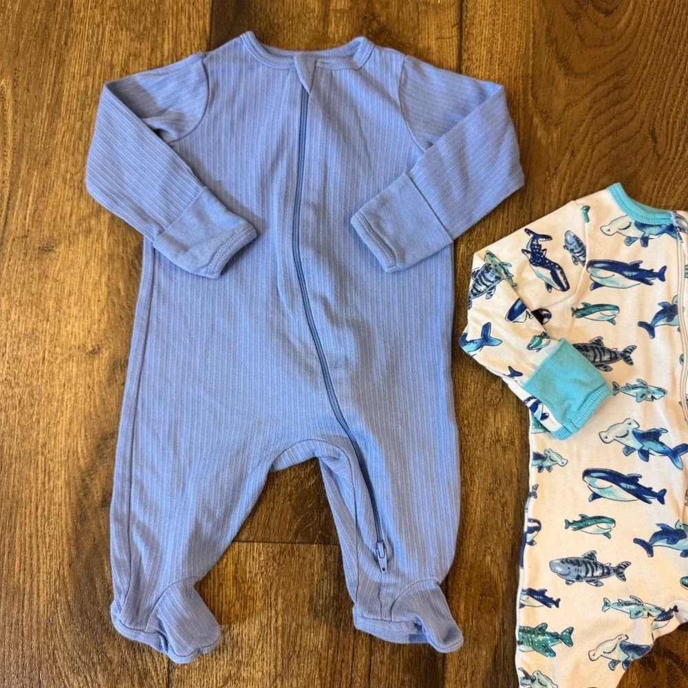 Baby Boy 0/3 Months Footed Sleepers Clothes Shark Ribbed Blue Outfit Rompers Lot